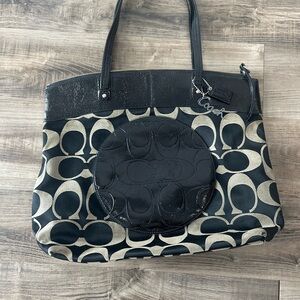 Coach Signature Black Khaki Tote Large Logo Patch Shoulder Bag